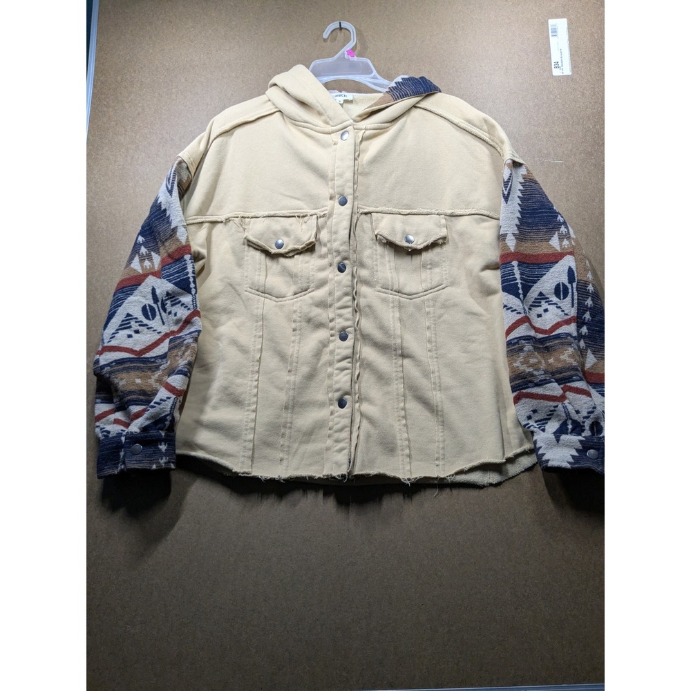 BKE Women Tan Southwestern Aztec Print Hooded Shacket Button Up Jacket Medium